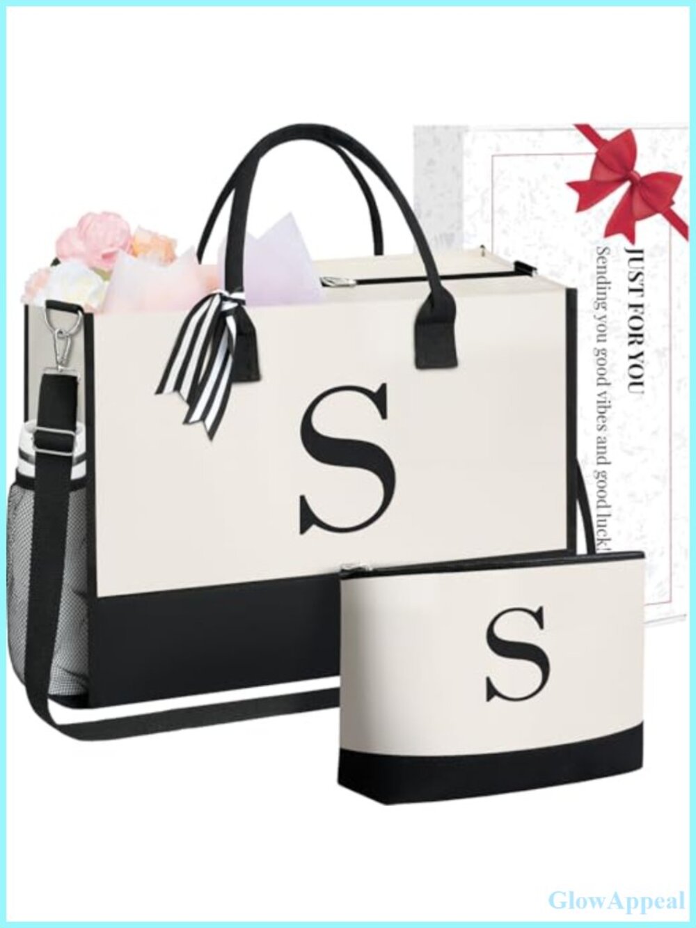 Personalized Initial Tote Bag Jute Canvas Beach Travel Set with Makeup Bag